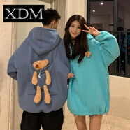 熊迪明棉加絨加厚長(cháng)袖中長(cháng)款衛衣女秋季新款寬松韓版情侶閨蜜裝慵懶上衣 湖藍色【帶前后小熊】 S