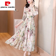 皮爾卡丹（pierre cardin）奢華連衣裙子防真|絲女款七分袖夏季氣質(zhì)收腰顯瘦防桑蠶|絲碎花長(cháng) 花色 L