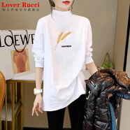 LOVER RUCCI半高領(lǐng)t恤女秋冬新款洋氣寬松加絨加厚內(nèi)搭中長款遮臀長袖打底衫 992-97白色(磨毛款) L 適合110-125斤