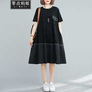 零點螞蟻胖人大碼女裝胖mm洋氣減齡寬松韓版遮肚子顯瘦連衣裙胖人女裝胖妹妹夏裝裙子短袖中長款t恤裙 黑色 均碼【100-180斤】