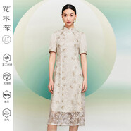 花木深【博主同款】重工刺繡網(wǎng)紗旗袍裙女中式連衣裙竹葉繡花裙子 米金色 M