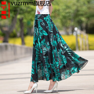 vuzrmm輕奢夏季碎花雪紡半身長裙大擺小花裙高腰沙灘裙長裙子女2024新款 黑底藍(lán)羽葉 L2.2-2.3尺