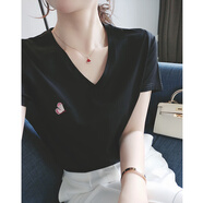 妃麗慕尚（FEILIMUSHANG）2025夏季ins超火時(shí)尚刺繡短袖t恤女裝韓版修身百搭V領(lǐng)上衣打底衫 064蝴蝶-黑色 L 建議120斤以?xún)?
                                         title=
