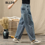 BLLDR 輕奢潮牌BF風格牛仔褲女褲2022春秋季新款寬松顯瘦高腰直筒褲闊腿褲老爹褲休閑褲子哈倫褲 牛仔藍 XL 碼【31-32】