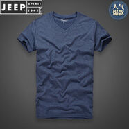 JEEP SPIRIT貝克漢姆小貝同款純色短袖t恤男夏季圓領(lǐng)打底衫純棉潮流男士上衣 V/領(lǐng)花寶藍 L