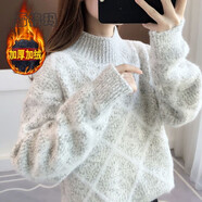 雪格瑪仿水貂絨加絨加厚毛衣女2025秋冬新款寬松慵懶風(fēng)半高領(lǐng)外穿針織衫 花灰加絨 S_80-90斤