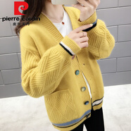 皮爾卡丹（pierre cardin）羊毛開衫毛衣外套女燈籠袖加厚女冬韓版寬松口袋針織衫毛線衣春秋 彩扣黃色 L