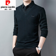 皮爾卡丹（pierre cardin）帶領(lǐng)假兩件套男春秋季長袖t恤加絨毛衣假領(lǐng)針織衫上衣條紋 T9832綠色(常規(guī)) 190/4XL體重180斤-200斤