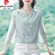 皮爾卡丹（pierre cardin）真絲襯衫女夏季新款時(shí)尚洋氣別致七分袖小衫氣質(zhì)高端桑蠶絲上衣 綠色 L (100-110斤)