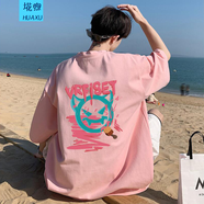 埖煦短袖t恤男士夏季潮牌純棉上衣服美式五分寬松休閑情侶半袖體恤衫 粉色惡魔后背 XL