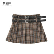 漫藍(lán)夢配皮帶學(xué)院風(fēng)格子辣妹短裙女皺褶a字百褶裙設(shè)計感高腰半身裙子ins 咖色 【配腰帶】 M 【建議96-108斤】
