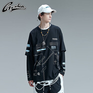 古由卡GUUKA黑色長(cháng)袖T恤男潮牌 青少年嘻哈印花圓領(lǐng)運動(dòng)假兩件長(cháng)T恤寬松 黑色款 S