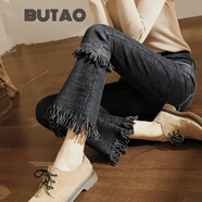 BUTAO韓版高腰微喇牛仔褲女新款修身時(shí)尚顯瘦毛邊九分喇叭褲 黑色款 30