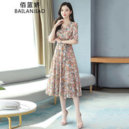 佰藍嬌2025夏季女裝新款時(shí)尚洋氣質(zhì)高級感碎花連衣裙小個(gè)子雪紡裙子夏天 桔色花 2XL （推薦126-135斤）