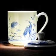 瀟毅艾 景德鎮(zhèn)陶瓷茶杯帶蓋家用杯喝茶杯青花瓷器辦公杯子 露棲