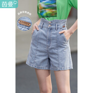 茵曼（INMAN）直筒闊腿牛仔短褲女士夏季新款顯瘦寬松冰氧吧高腰熱褲子 牛仔藍(lán) 26
