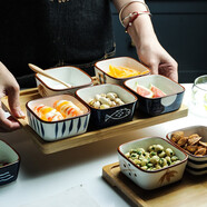 舍里日式陶瓷小菜碟蘸醬料盤子水果零食小吃碟家用調(diào)料碟商用茶館果盤 六格含托盤（圖案各一）