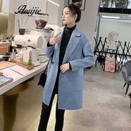 Aosijie輕奢女裝品牌 小個子毛呢外套女2021秋冬新款中長款韓版咖色呢子大衣斜口袋百搭呢外套 霧霾藍 S