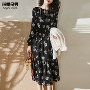 莎妮朵羅大碼女裝2025秋裝新款胖女人遮肚顯瘦中長(zhǎng)款胖mm雪紡連衣裙18437 黑色 2XL建議120-140斤穿著