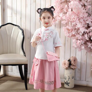 馬櫻紅雨 六一女童漢服兒童古裝新款中國風(fēng)演出服棉麻短袖小女孩公主裙套 粉色 套裝【+包包】 110 /建議身高90~100厘米
