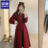 羅蒙（ROMON）紅色長袖連衣裙女秋冬裝新款溫柔初戀小個子長裙復(fù)古氣質(zhì)顯瘦裙子 紅色 2XL