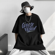 皇呈短袖t恤男春衣服夏季男裝潮流寬松半袖男士上打底衫情侶圓領(lǐng)白T恤 胸前潮流印花 黑色 M