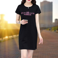 帝黛（DIDAI）連衣裙新品裙子短袖t恤夏裝女裝大寬松碼運(yùn)動(dòng)女士小個(gè)子沙灘半身 黑色款 XL建議（115-130）斤