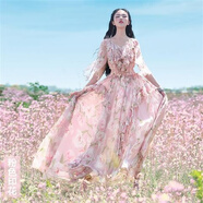 亞貝梵夏季女裝新款播喜長(cháng)款印花連衣裙顯瘦海邊度假超仙雪紡裙仙女長(cháng)裙 S 粉色印花(現貨)