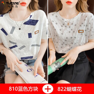 啄木鳥(niǎo)純棉短袖t恤女白色半袖體恤夏裝2025年新款韓版寬松女士夏季上衣 810藍(lán)方塊+822蝴蝶花 L 建議110-125斤