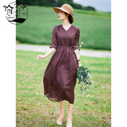 弄堂里煥新季棉麻新款苧麻提花連衣裙藍色顯白領(lǐng)純色簡(jiǎn)約氣質(zhì)夏季 深褐色提花 有純棉里布 L
