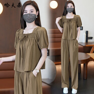 哈夫朵大碼女裝2025夏季新款胖MM輕熟套裝襯衣休閑長(zhǎng)褲法式復(fù)古兩件套 2649咖綠色 4XL 建議170斤-190斤