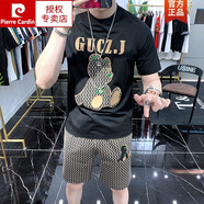 皮爾卡丹（pierre cardin）歐洲站小熊印花短袖t恤男套裝男帥氣23夏季新款男士一套搭配 小熊印花恤黑+短褲圖片色 XL 建議125-140斤)