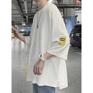 錦人初 夏季潮牌七分袖T恤男寬松大碼加肥冰絲上衣服潮流中袖男 T01-白色 M 均碼