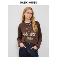 BASIC HOUSE/百家好寬松長(cháng)袖T恤女秋季新款圓領(lǐng)印花咖色上衣 咖色 M