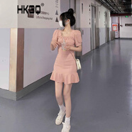 HKBQ 品質(zhì)輕奢潮牌修身顯瘦法式荷葉邊粉色連衣裙夏季新款方領(lǐng)泡泡袖a字高腰短裙子 粉色  S