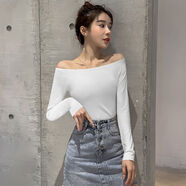 歌班婭 黑色一字肩長袖漏肩上衣T恤女春秋2025新款網(wǎng)紅一字領(lǐng)露肩打底 白色 M (91-100斤)