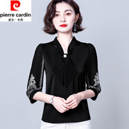 皮爾卡丹（pierre cardin）真絲短袖襯衫女夏季新款洋氣女士襯衫中年寬松感桑蠶絲上衣 黑色 3XL140-150斤