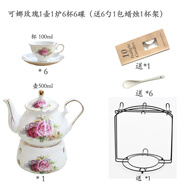 韓式陶瓷花草茶具耐熱花茶壺蠟燭爐泡茶加熱底座煮水果酒精爐 可娜玫瑰(1壺爐6杯碟)