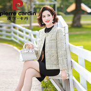 皮爾卡丹（pierre cardin）年輕媽I媽春裝小香風(fēng)外套短款格子上衣40歲女春秋洋氣小西裝針織 米黃色 4XL 【130-140斤】