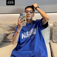熊迪明純棉短袖t恤男士夏季潮牌上衣服港風(fēng)五分寬松情侶半袖體恤衫班服 旋轉克萊因藍 S