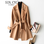 SIN.CYC雙面羊毛大衣女中長(zhǎng)款修身秋冬季小個(gè)子顯瘦腰帶毛呢外套 駝色 S 90-98斤