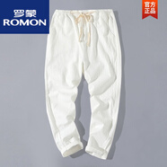 羅蒙（ROMON）棉麻9九分褲男夏季薄款寬松大碼運(yùn)動直筒褲亞麻褲子男士休閑長褲 白色 2XL