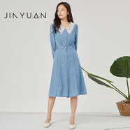 金苑連衣裙女2022春季新款時尚氣質(zhì)減齡牛仔翻領長袖裙子G221107 牛仔藍 S(160/84A)