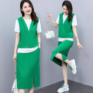 恰凡（QIAFAN）休閑時(shí)尚氣質(zhì)套裝女士2025夏新款洋氣減齡假兩件上衣半身裙一整套 綠色 M 建議100斤以內(nèi)