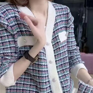 尚濤短外套女毛衣開衫女秋冬新款格子上衣針織衫外搭小香風(fēng)小外套 黑色 XXL 建議125-135斤