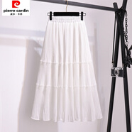皮爾卡丹雪紡百褶半身裙2025春夏新款拼接裙寬松高腰中長(cháng)款純色學(xué)生長(cháng)裙女 白色 (有內襯) XL (建議120-135斤)