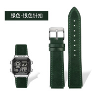 改裝復(fù)古真皮手表帶適配卡西歐小方塊表A159W-N1 AE-1200WHD A168系列男士 綠色-銀色針扣 18mm