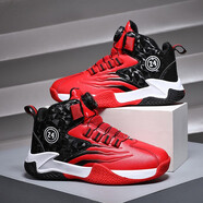 熱血喬丹品牌斷碼童鞋男2025秋冬新款皮面防水兒童運動(dòng)鞋中大童加絨籃球鞋 黑紅【皮面防水】 38