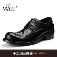 VQGT 春季頭層牛皮商務(wù)正裝大頭皮鞋圓頭英倫手工男鞋厚底耐磨增高 黑鱷魚(yú)紋手工鞋跟  偏大一碼 38