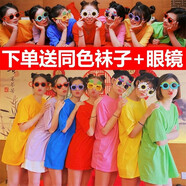 檸鑫焱棉t恤2023夏季伴娘服糖果色閨蜜裝上衣女姐妹短袖寬松T恤男定制 紫色+眼鏡襪子 XL